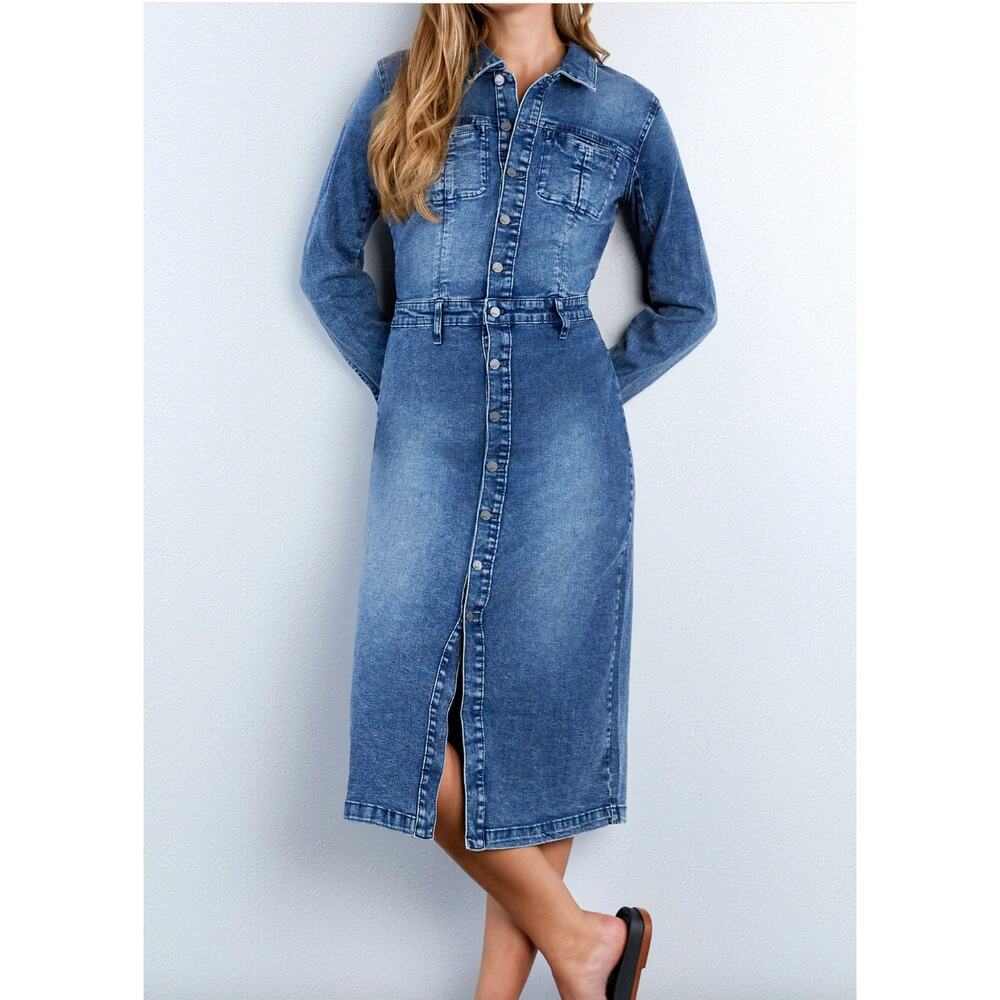 $168 Wash Lab MILLIE Long Sleeve Denim Shirt Dress | Size L -NWT